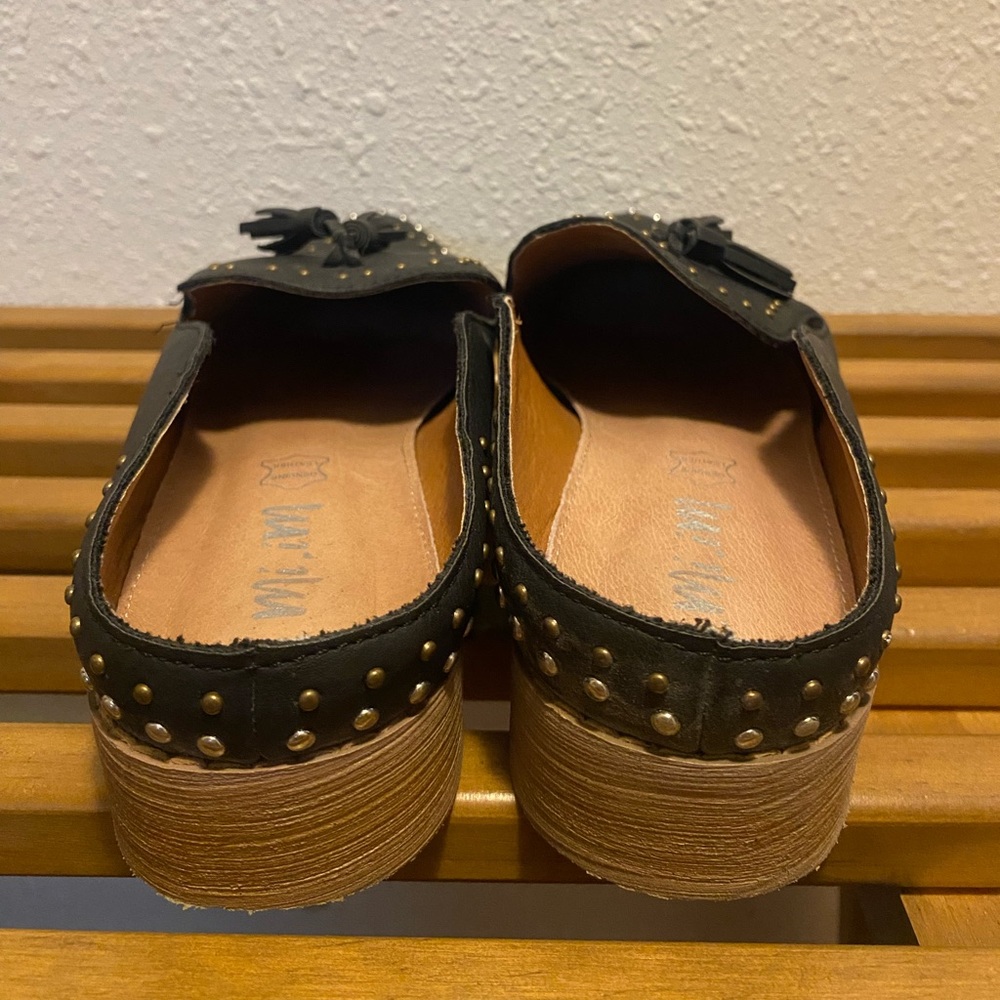 Mi.iM Black Leather Slide Mule with Studs and Tassles - Picture 2 of 6